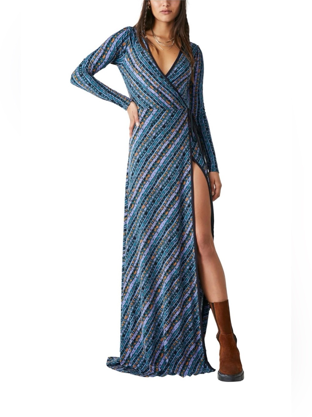 Free People Blue Multi Stripe Wrap Maxi Dress